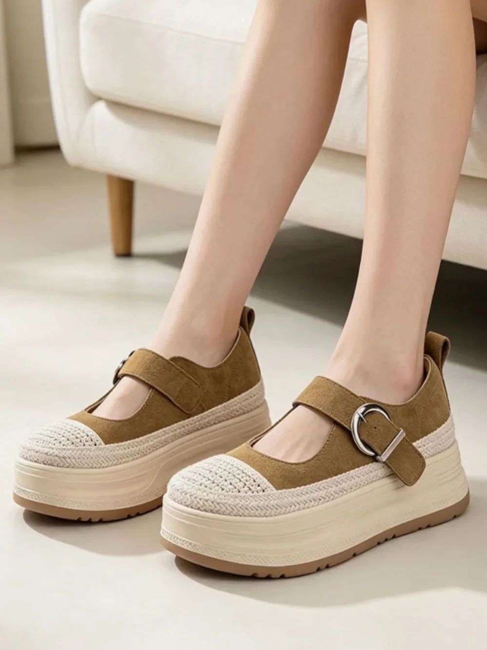 SUEDE MARY JANES | Women’s Platform Shoes in Olive and Cream - Knit Toe w/Buckle